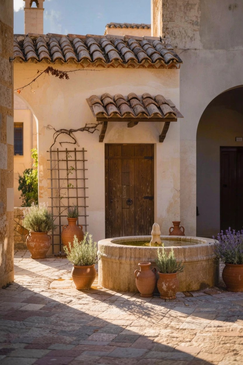 Rustic stone house with covered porch on columns, three large terracotta urns filled with blooming lavender plants along the front, gravel driveway, and tall cypress trees in the background at sunset.