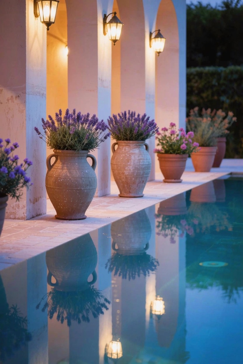 Beige stucco arches beside a lit pool at dusk, lined with large terracotta pots filled with blooming lavender plants, wall lanterns glowing with reflections in the water.