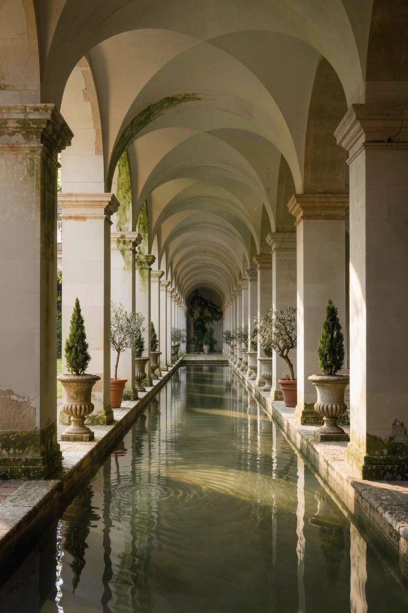 Arched stone colonnade with central reflecting pool lined on both sides by large terracotta urns planted with topiary cypress trees and small olive trees.