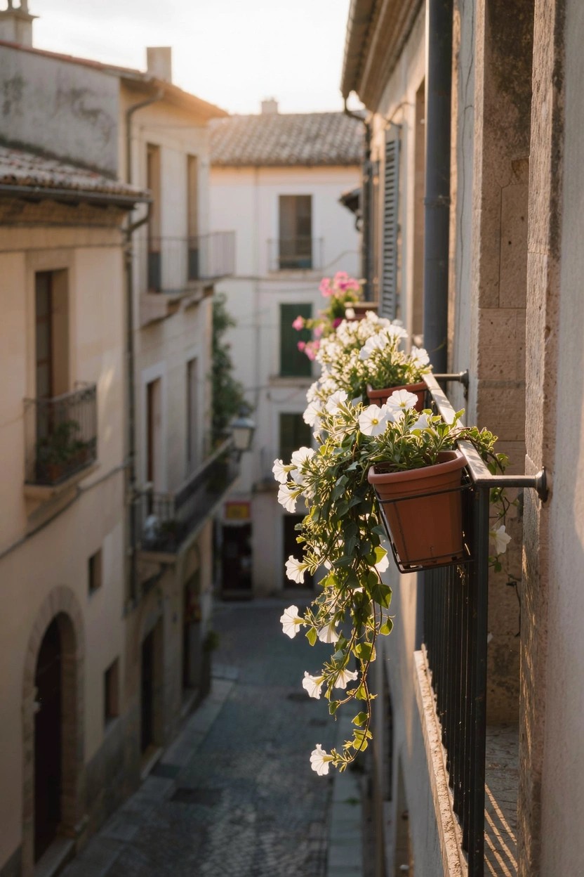 Narrow cobblestone alley between beige stone buildings with wrought-iron balconies and window boxes holding terracotta pots overflowing with white trailing flowers and pink blooms on sills, in warm late-afternoon light.