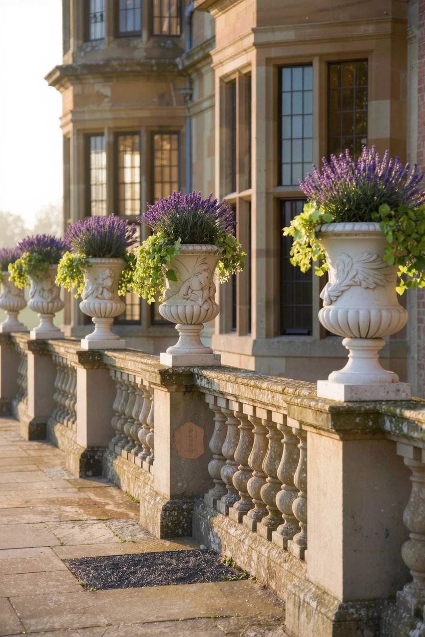 Stone balustrade on a beige stone house exterior lined with four large white urns filled with purple lavender flowers and trailing green plants.