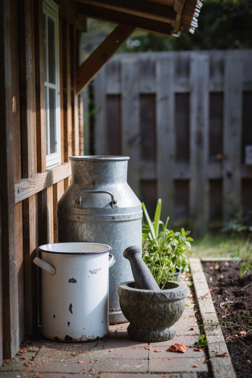 Large weathered terracotta pots filled with green plants and small flowers lined up on a white stone balcony ledge, overlooking red-tiled rooftops of old stone buildings under a clear blue sky.