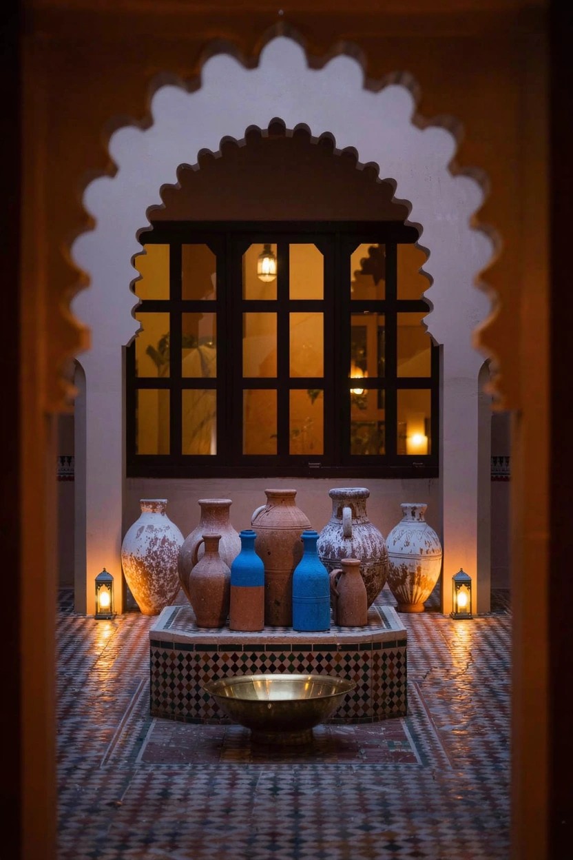 Rustic wooden porch with weathered siding and gabled roof, featuring stacked milk cans, galvanized buckets, and a barrel holding potted daisies and other plants next to a wooden bench.