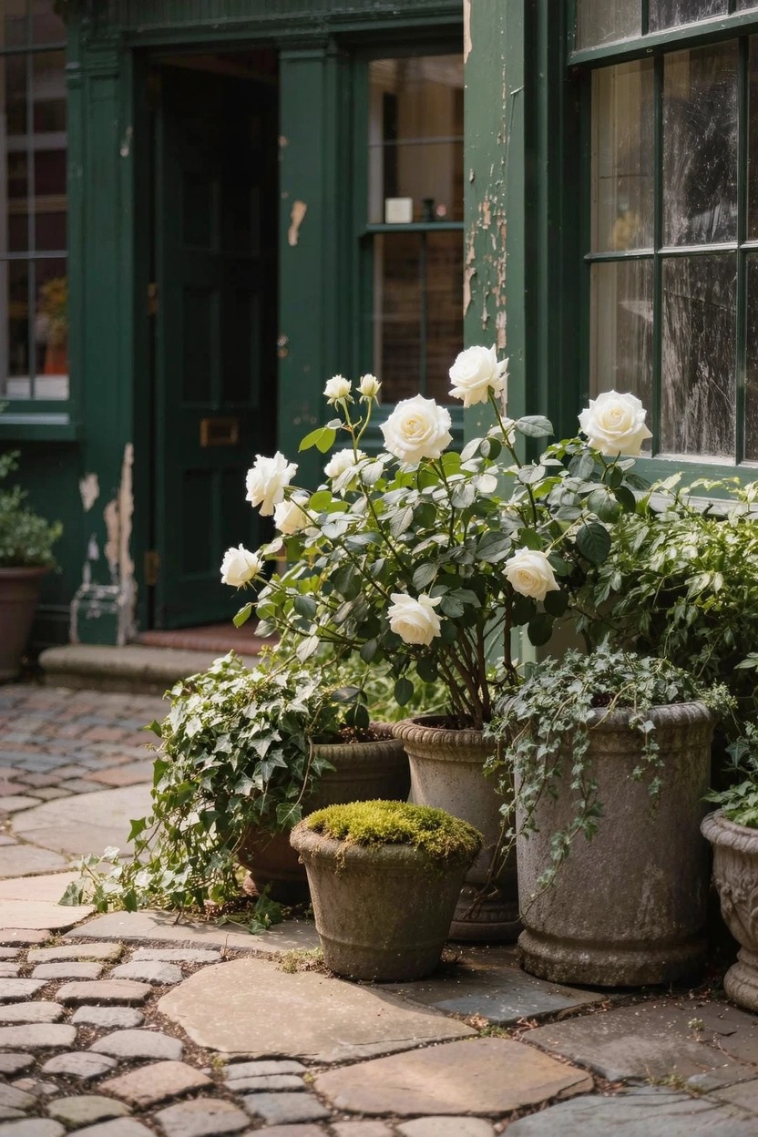 Beige stone building facade with arched windows and balcony, large white urns of pink flowers on pedestals outside the windows, balustrade, and black iron fence in front.