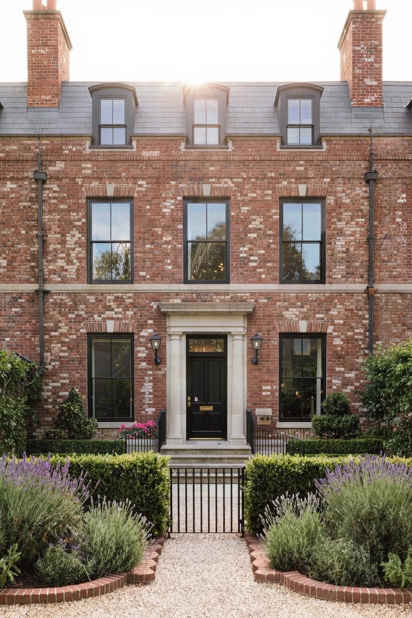 Red brick Georgian-style house with symmetrical black windows and door, gravel path edged by lavender and boxwood hedges leading to the entrance.