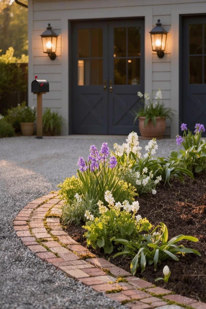 Gray clapboard garage with dark paneled double doors, wall lanterns, gravel driveway edged by curved red brick border around flower bed containing purple hyacinths, white flowers, and green plants.