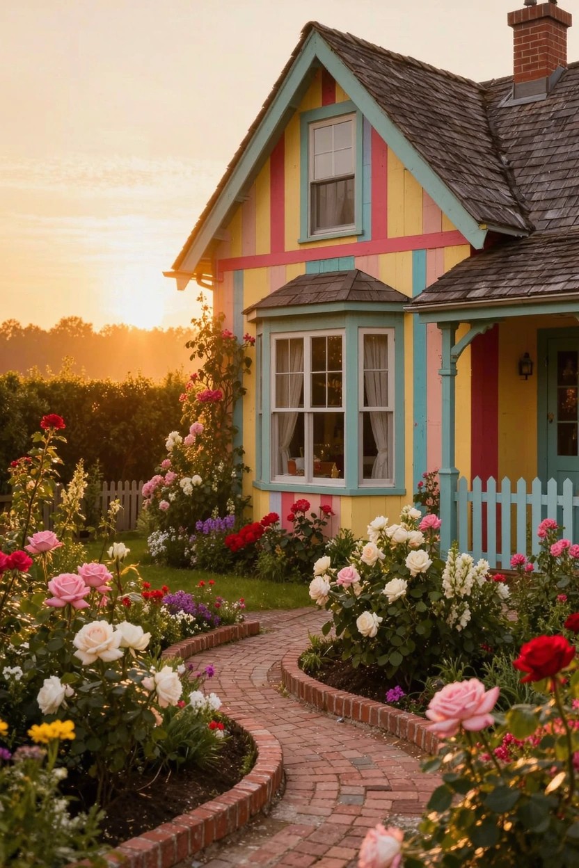 Colorful striped cottage house with steep shingled roof and bay window, surrounded by rose-filled flower beds edged in bricks along a curving brick pathway and white picket fence at sunset.