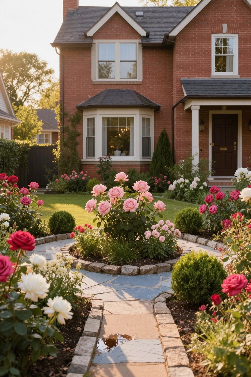 Red brick house with bay window and dark wood front door, front yard featuring circular rose bed edged in gray stone pavers surrounded by low green shrubs and lawn, stone pathway leading to entry.