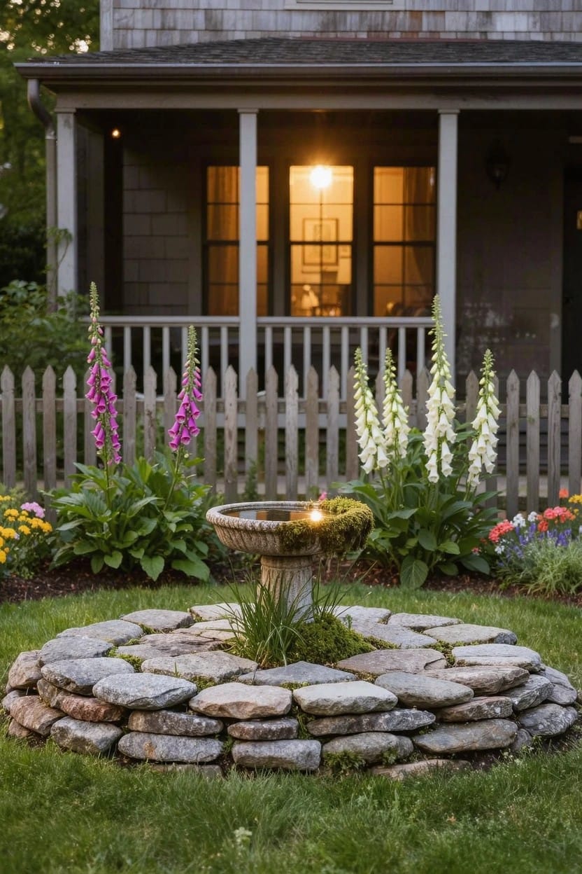 Gray shingled house with lit porch visible through windows, white picket fence with purple and white foxgloves, circular stone-edged flower bed containing birdbath and plants in front lawn.