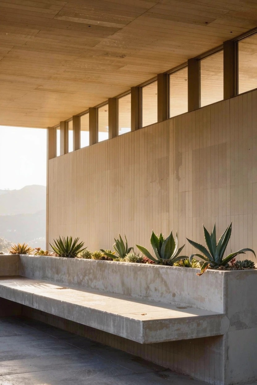 Long concrete bench integrated with raised planters filled with various succulents, set against beige vertical wood siding and large horizontal windows under a wooden ceiling.