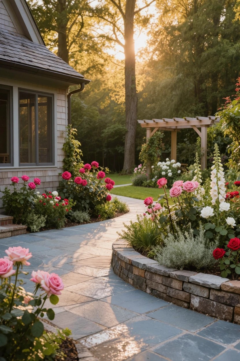 Curved slate paver pathway edged by low dry-stacked stone walls filled with pink and white roses, leading past flower beds to a shingled house surrounded by trees and a pergola.