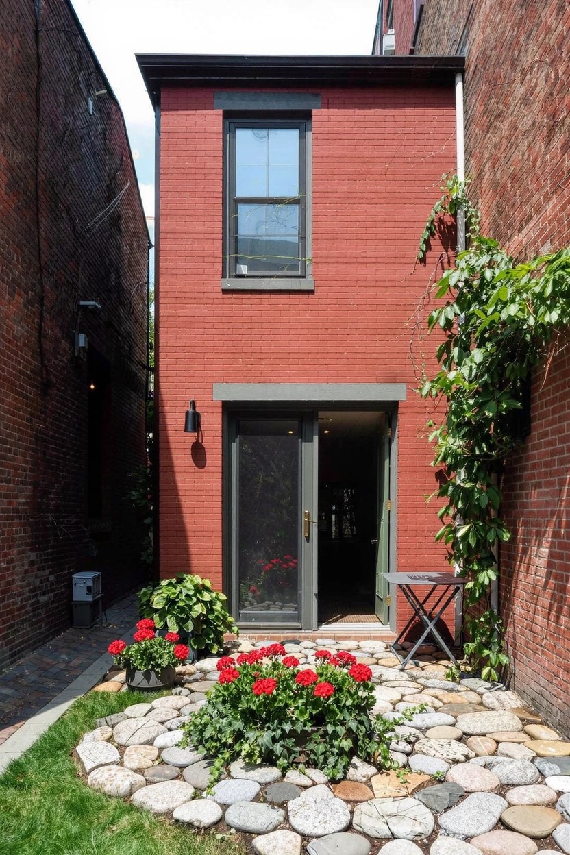 Red brick townhouse with glass entry door flanked by potted geraniums and a circular pebble-edged flower bed containing plants, plus a small table and vines on the wall in a narrow alley yard.