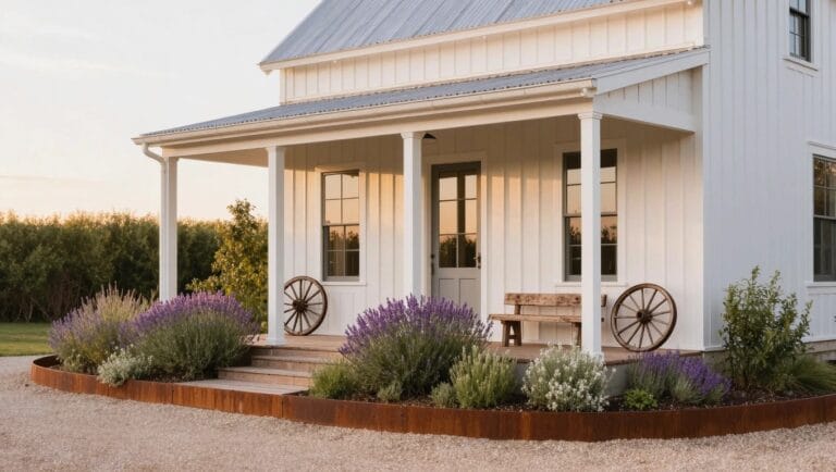 22 Brilliant Flower Bed Edging Ideas That Instantly Define Your Garden White house with blue front door and window, bordered by circular flower bed of pink foxgloves, lavender, and other plants edged in mossy brick wall.