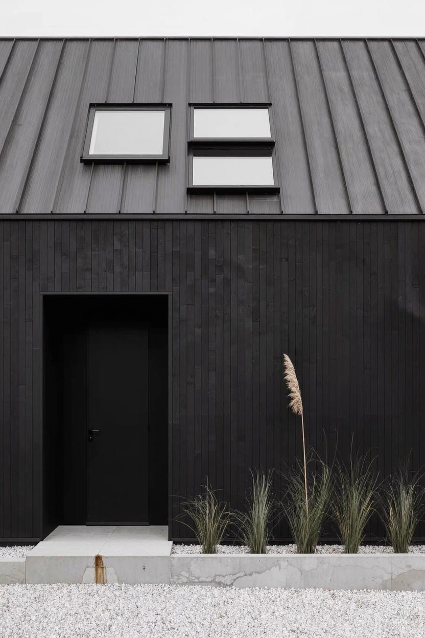 Black modern house with dark metal roof, two small roof windows, black front door, concrete entry slab, gravel area, and tall pampas grasses in a concrete-edged bed.