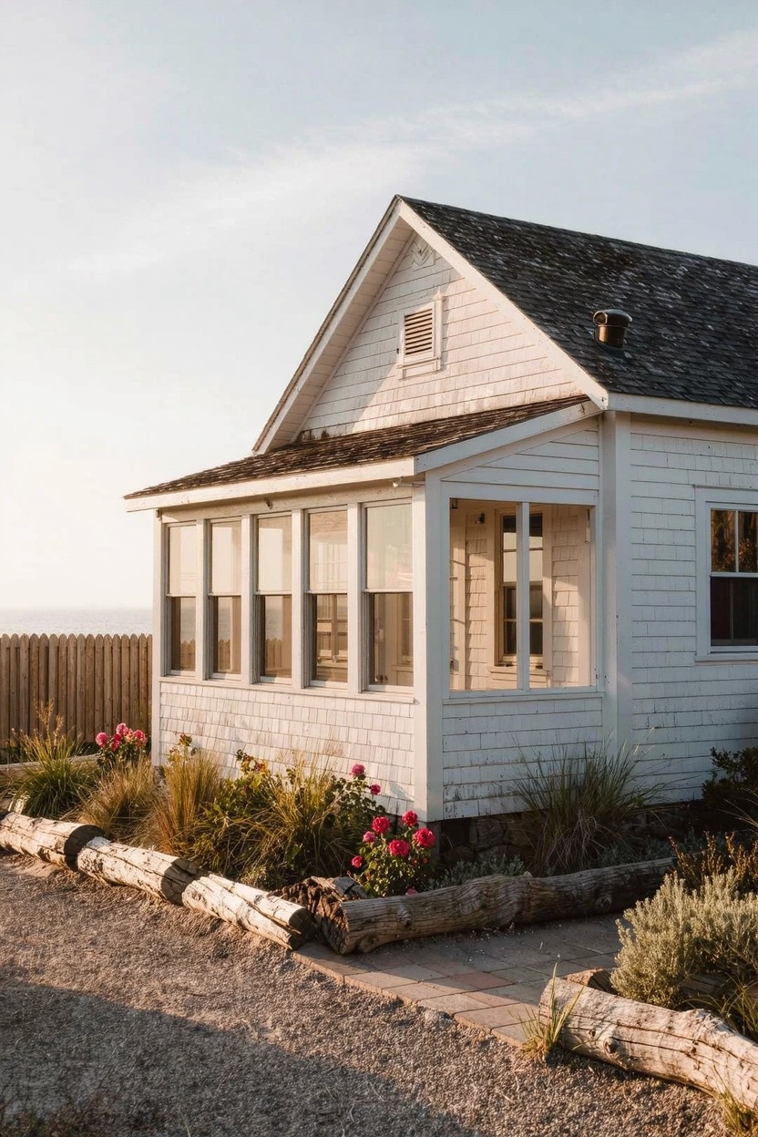 White clapboard house with screened porch and flower beds edged by split log rounds planted with pink flowers and grasses, beside a gravel driveway.