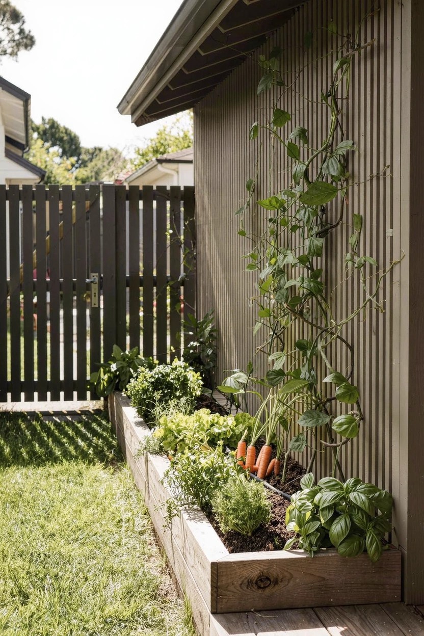 Raised wooden garden beds planted with carrots, herbs, and basil along a gray vertical board wall with climbing vines, next to a dark wooden fence and green lawn.