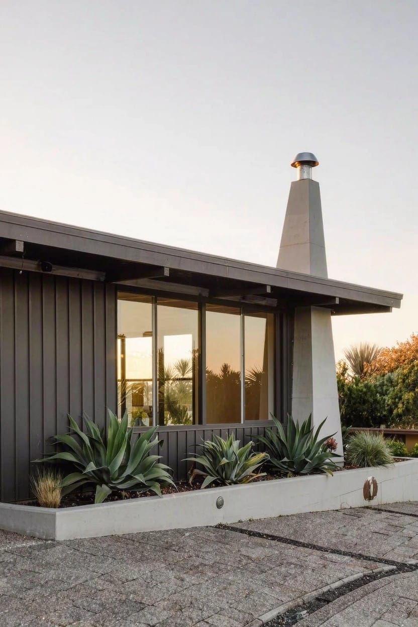Modern house exterior with dark gray siding, large windows, tall concrete chimney, raised white concrete planters with agave plants along the front, and pebbled driveway at sunset.