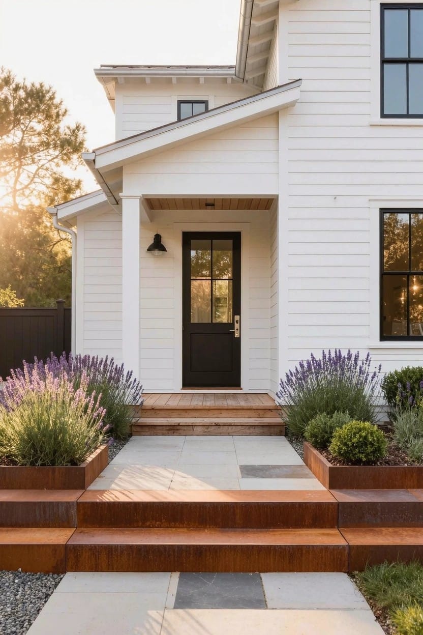 White house exterior with black front door and windows, flanked by raised corten steel planters containing lavender plants along a stone and metal pathway.