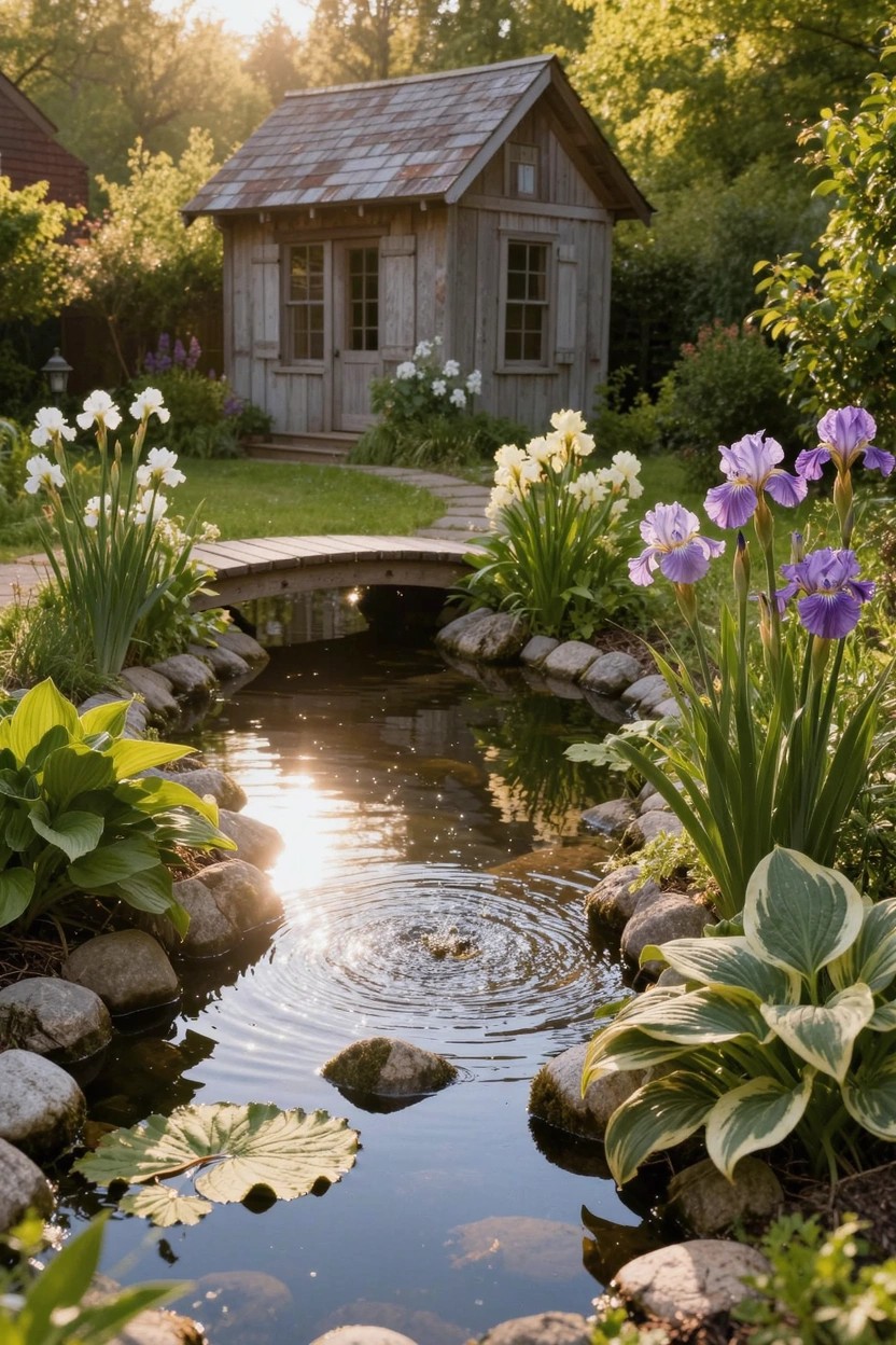 Small wooden shed in a garden beside a curved pond edged with rocks and plants, including white lilies, purple irises, hostas, and a stone bridge over the water.