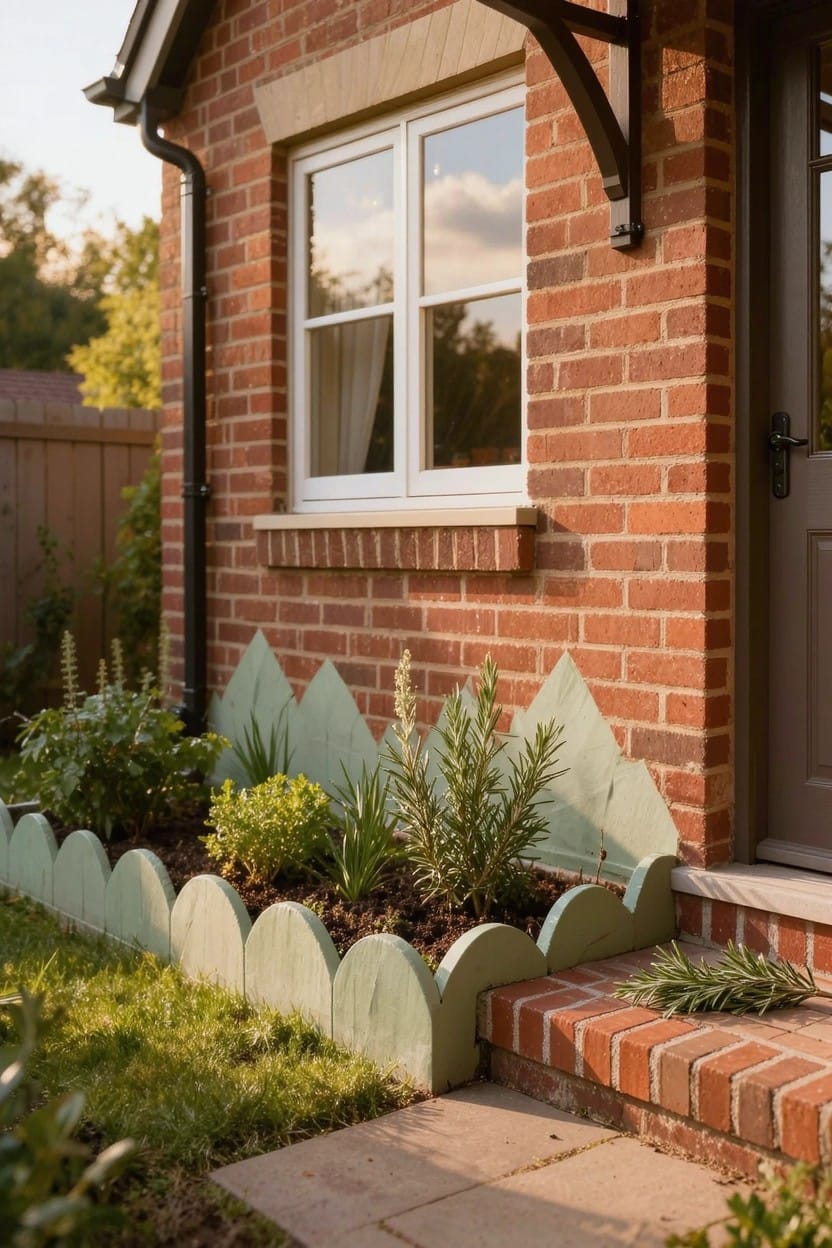 Red brick house exterior with green scalloped wooden edging around a planted flower bed near the front door and window.