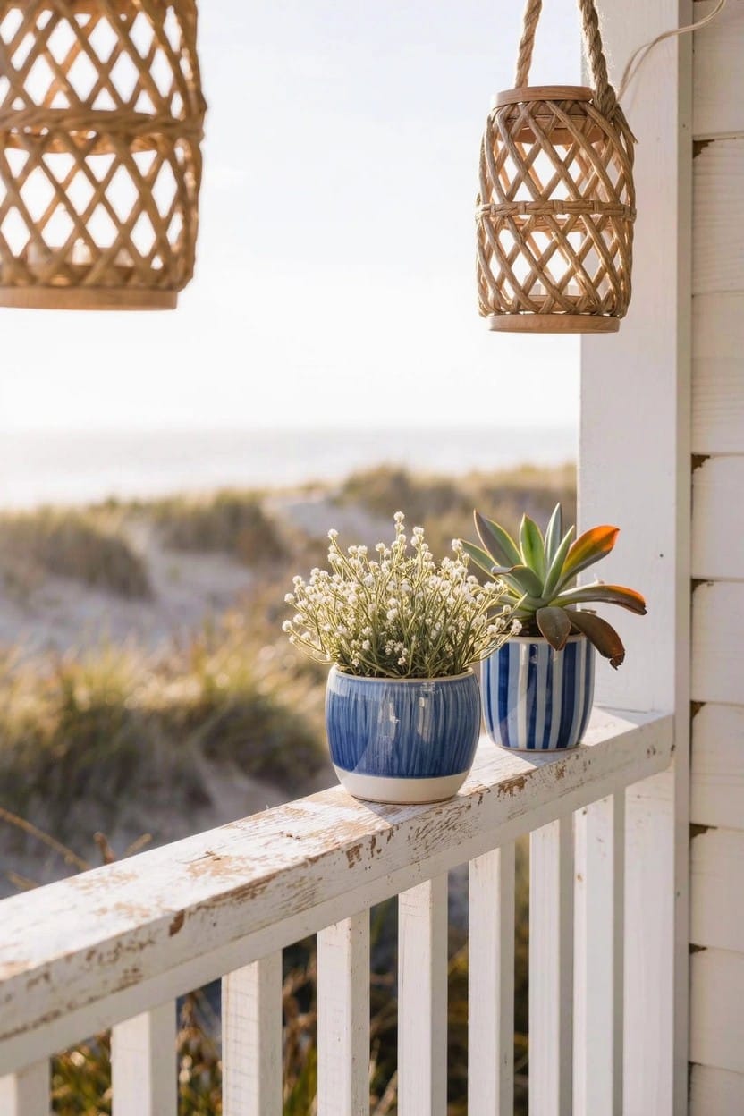 Two blue ceramic pots with small plants placed on a weathered white wooden balcony railing, flanked by two hanging rattan lanterns, overlooking sand dunes and ocean.