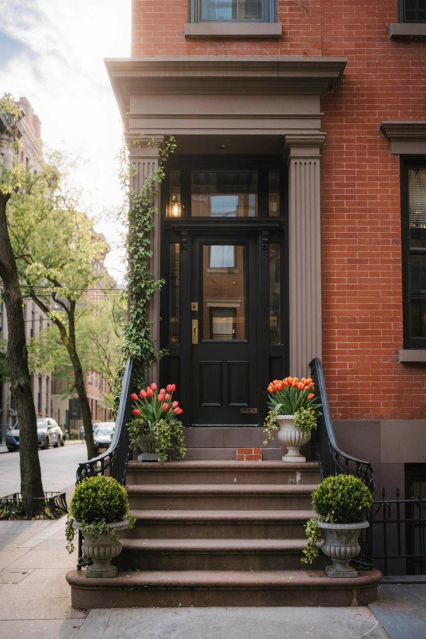 Brown brick townhouse stoop with black front door, flanked by large urns of red tulips on the steps and smaller boxwood topiaries at the base.