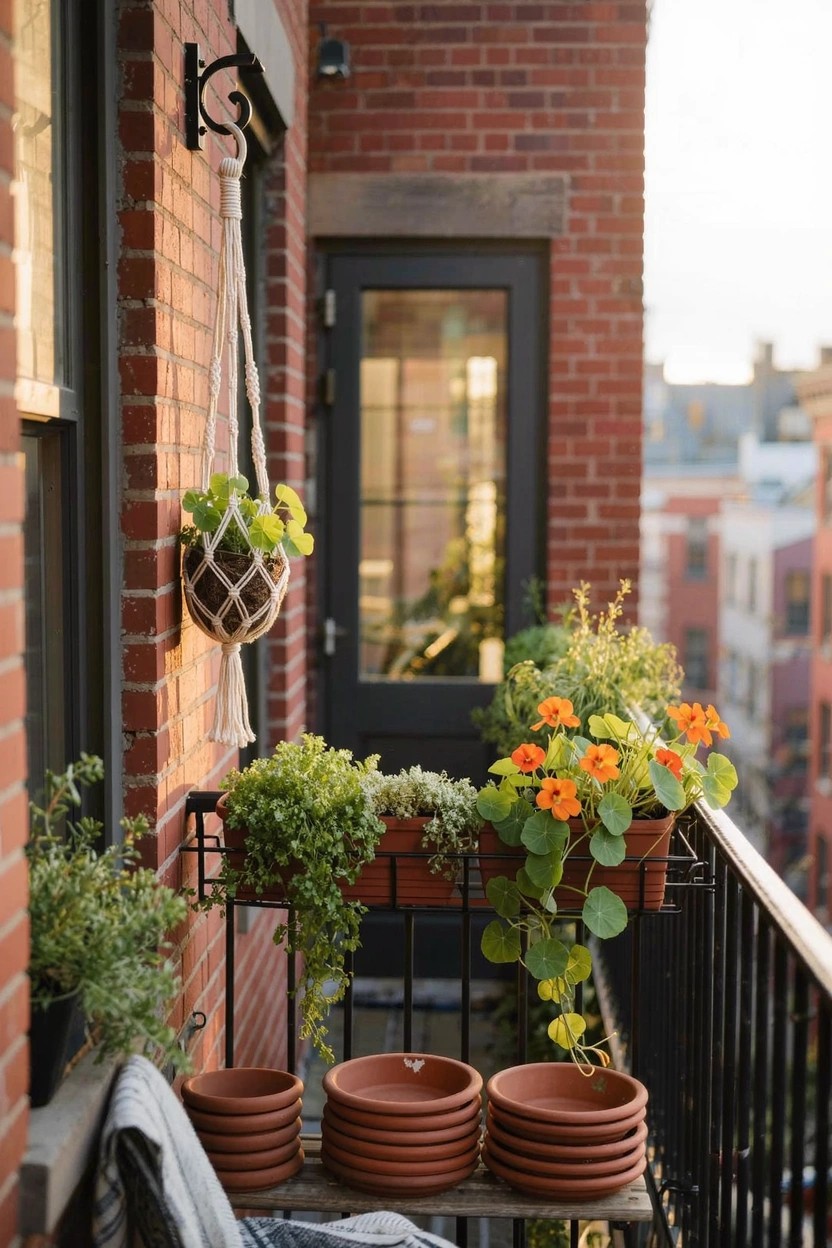 Brick building exterior with a black metal glass door and balcony railing holding hanging macrame planters with green vines, potted herbs on metal shelves, terracotta pots, and orange flowers.