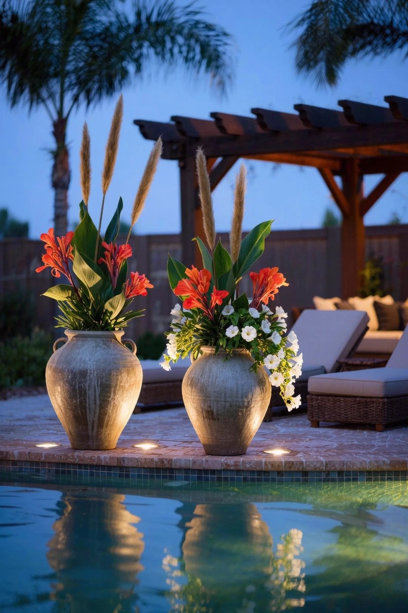 Two large terracotta pots filled with red heliconia flowers, white blooms, pampas grass, and green foliage positioned on a pool deck beside the water at dusk, with lounge chairs, a pergola, and palm trees nearby.