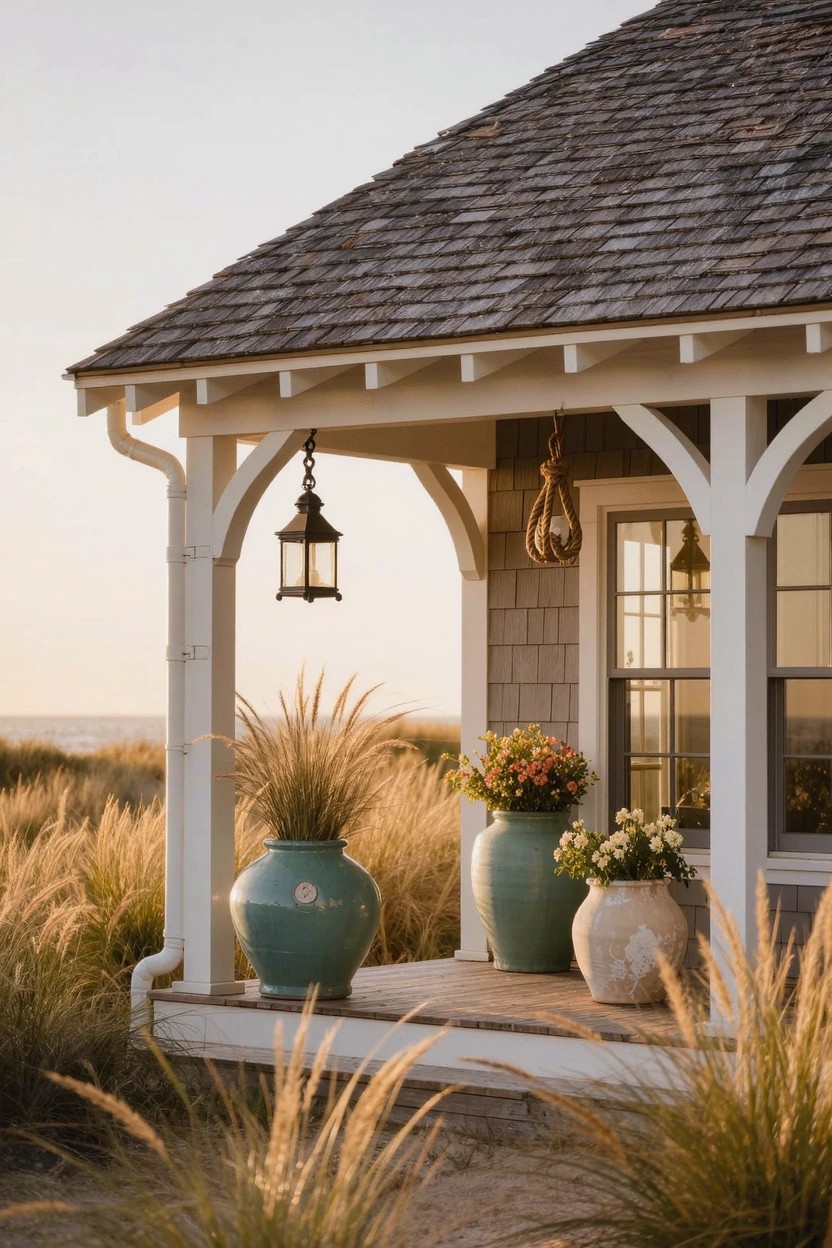 Shingled roof over a white-trimmed porch with large turquoise and white ceramic pots filled with tall grasses and flowers on the deck, flanked by beach grasses, hanging lanterns, and an ocean view.