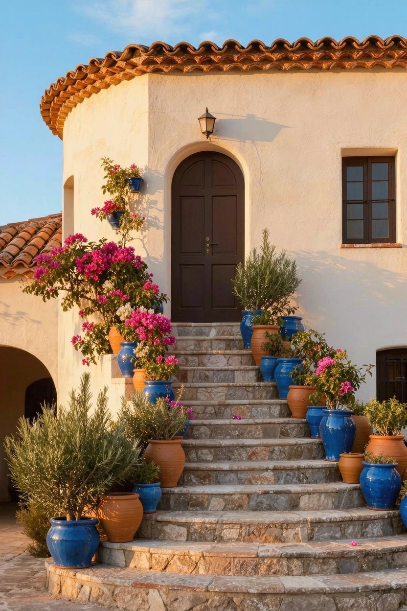 White curved stucco house with terracotta tile roof, dark arched wooden door, and stone steps lined with blue, orange, and terracotta pots filled with pink bougainvillea and green plants.