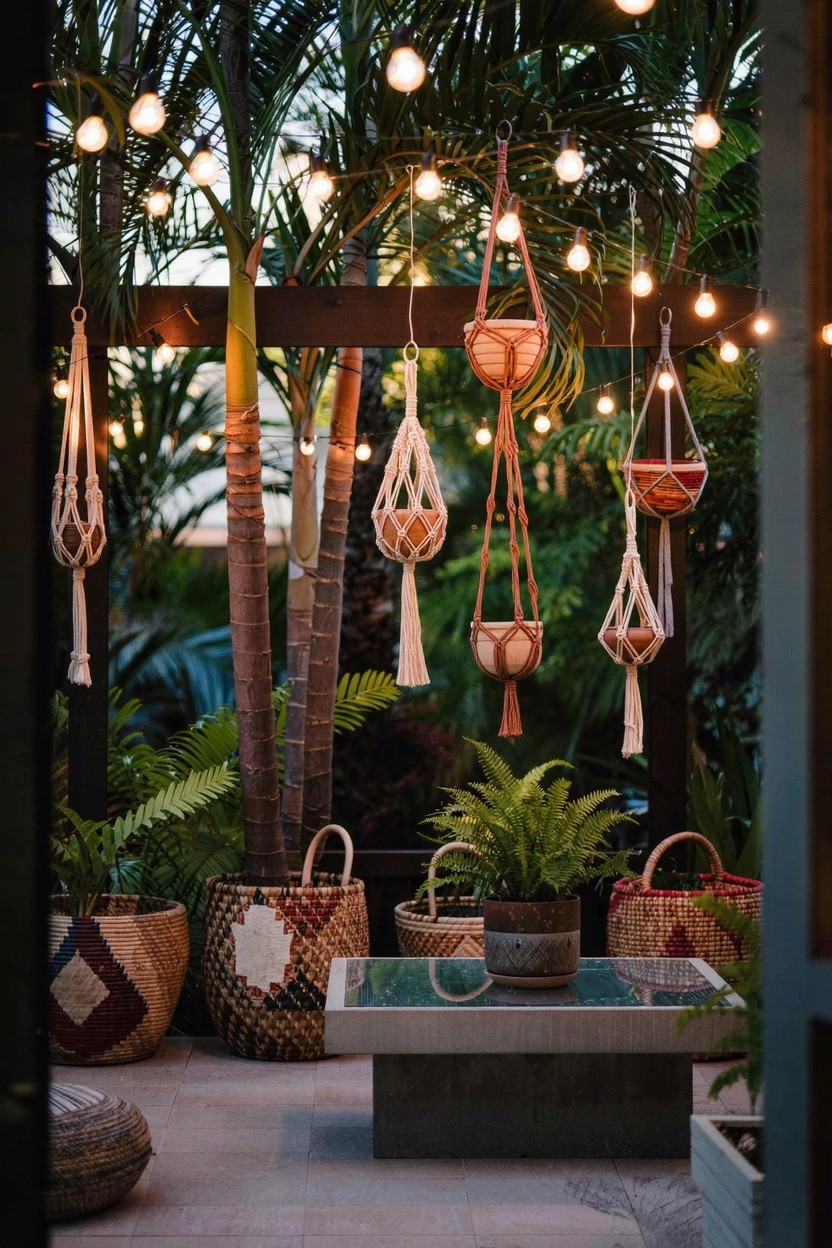 Colorful mosaic pedestal table on a patio holding a matching mosaic urn planter filled with green herbs, positioned near a wooden door under wooden beams with additional potted plants and vines nearby.