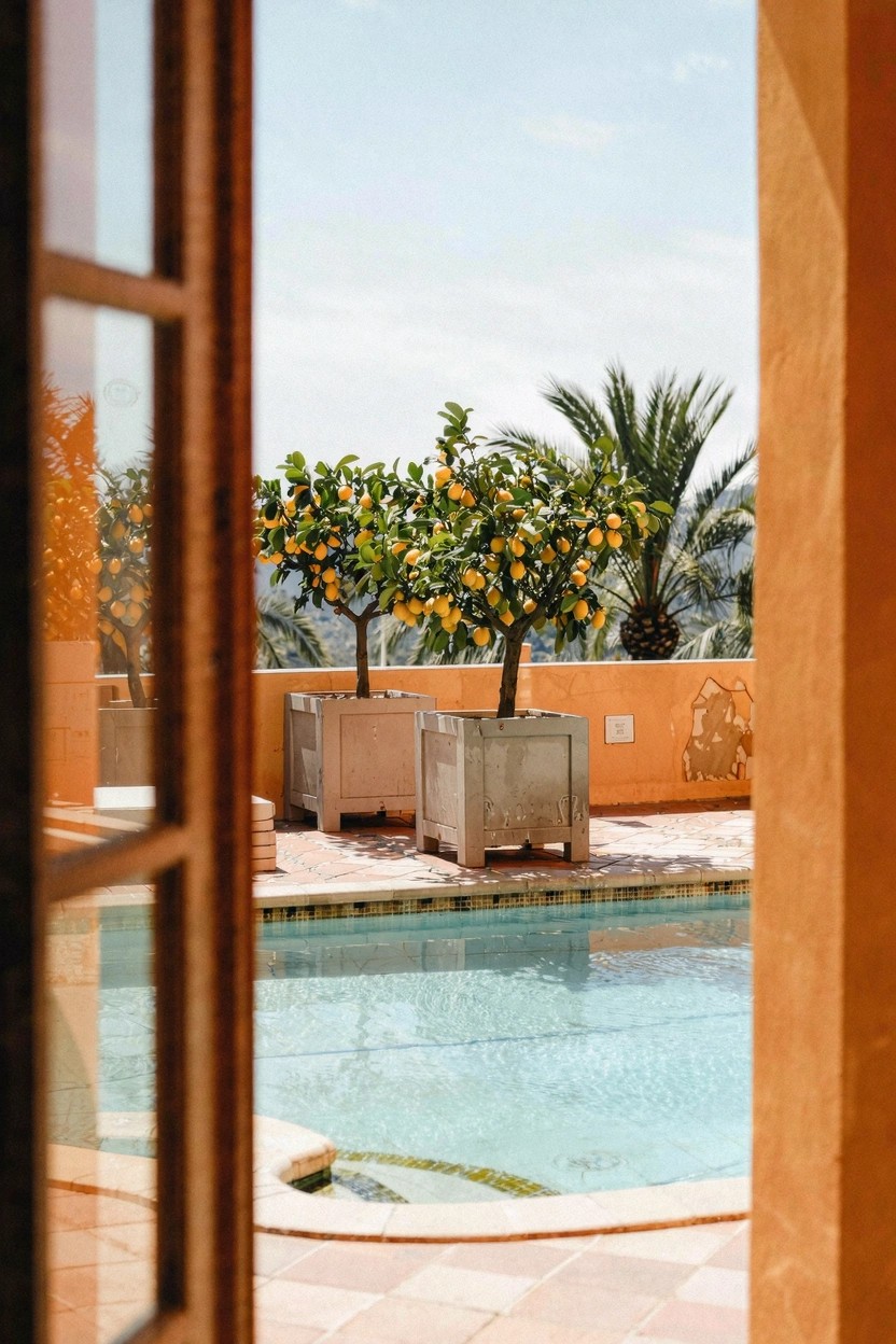 Open French doors overlooking a terrace with two large square concrete pots containing clipped lemon trees, a swimming pool edged in terracotta tiles, potted palms, and ochre walls under a clear blue sky.