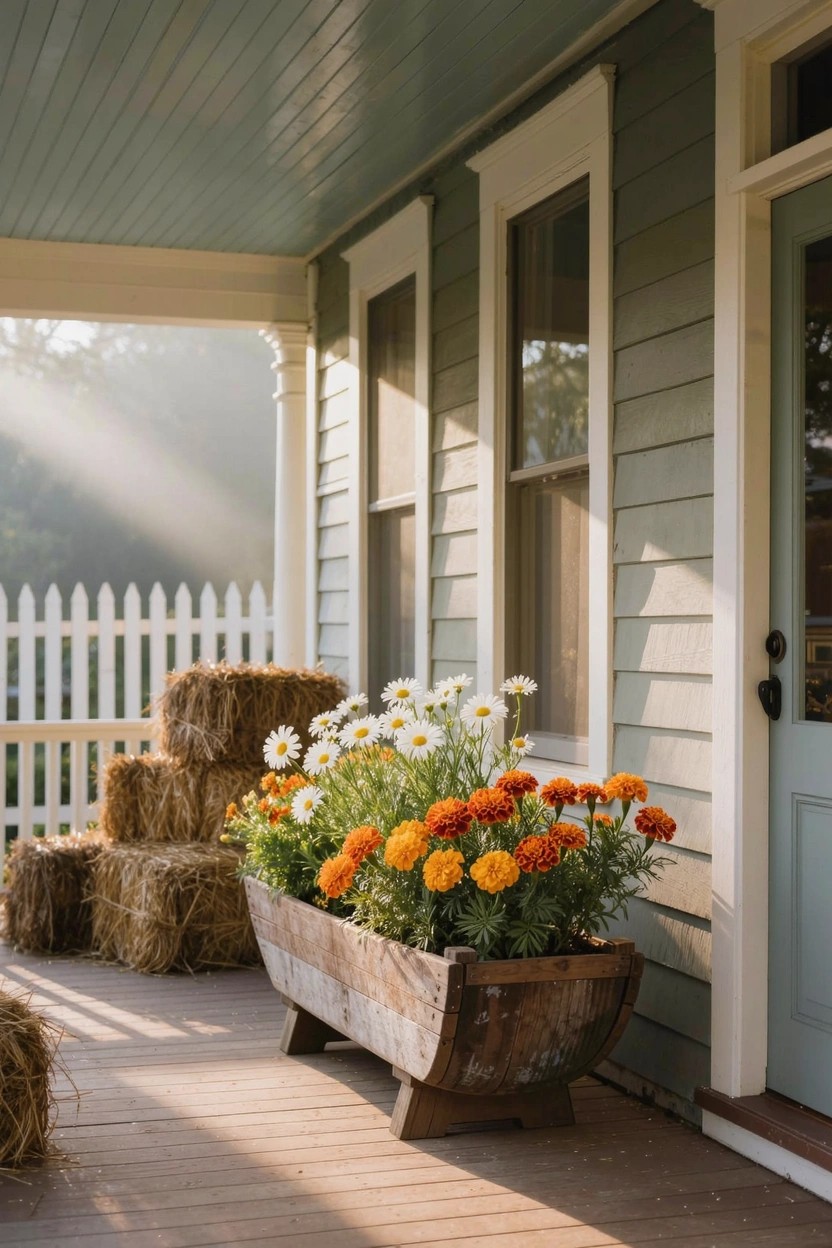 Sage green house porch with wooden half-barrel planter filled with white daisies, orange marigolds, and stacked hay bales nearby plus white picket fence.