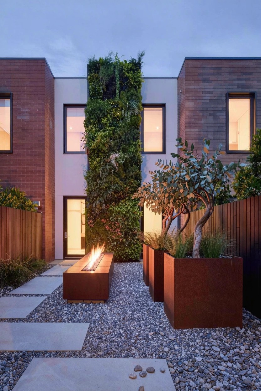 Modern courtyard between two brick buildings with a vertical green wall, linear fire pit, stone pavers on gravel ground, wooden fence, and several large rectangular corten steel planters containing tall grasses and a small tree.