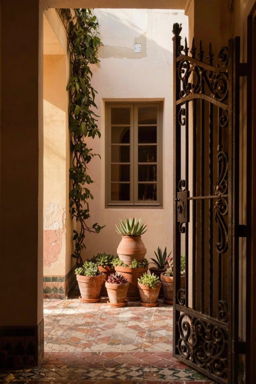 Wrought iron gate open to a stucco courtyard entryway with clustered terracotta pots of agave and succulents, ivy on walls, and terracotta tile floor.