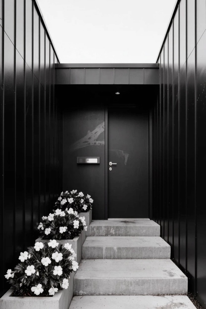 Narrow passageway of tall black metal walls leading to a black front door, with three white ceramic pots of white flowers placed beside gray concrete steps.