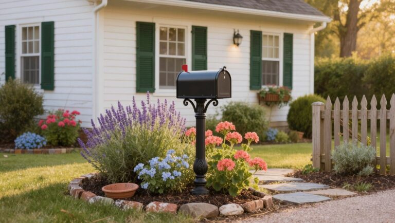White house with green shutters and covered porch, black mailbox on tall post surrounded by curved flower bed of lavender, roses, delphiniums, and other plants, edged in stone with white picket fence and stone pathway to brick steps.