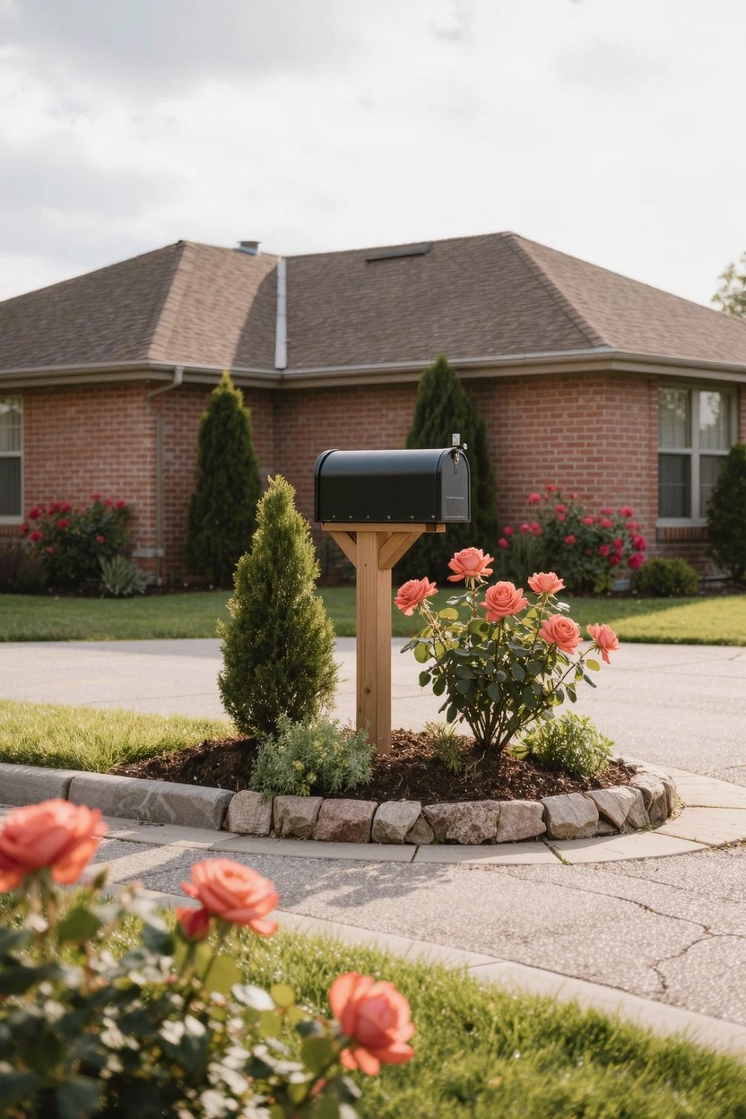 Wooden mailbox with mountain carving on a post next to a flower bed of purple lupines, pink flowers, and greenery, bordered by mossy stone wall and stone path beside a log cabin.