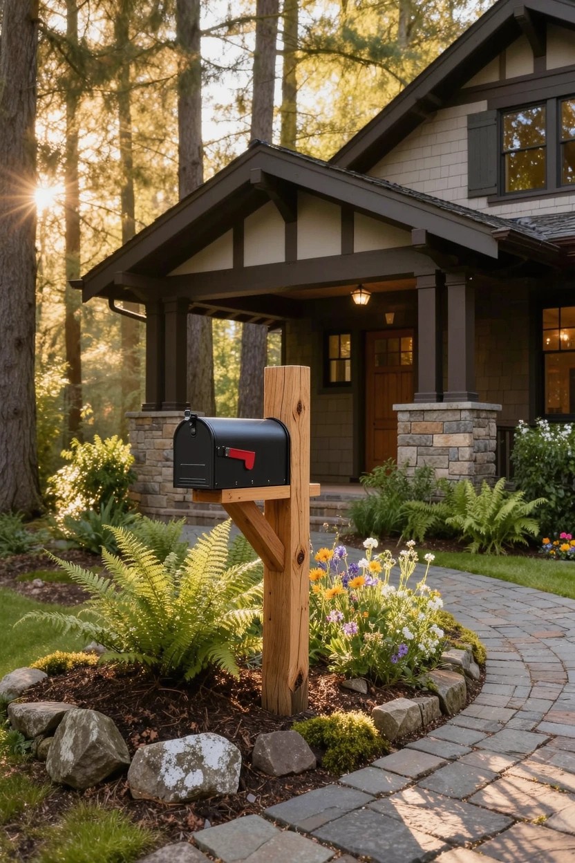 Black mailbox on wooden post in mulched flower bed with ferns, colorful flowers, rocks, and stone edging beside pathway to craftsman house amid trees.