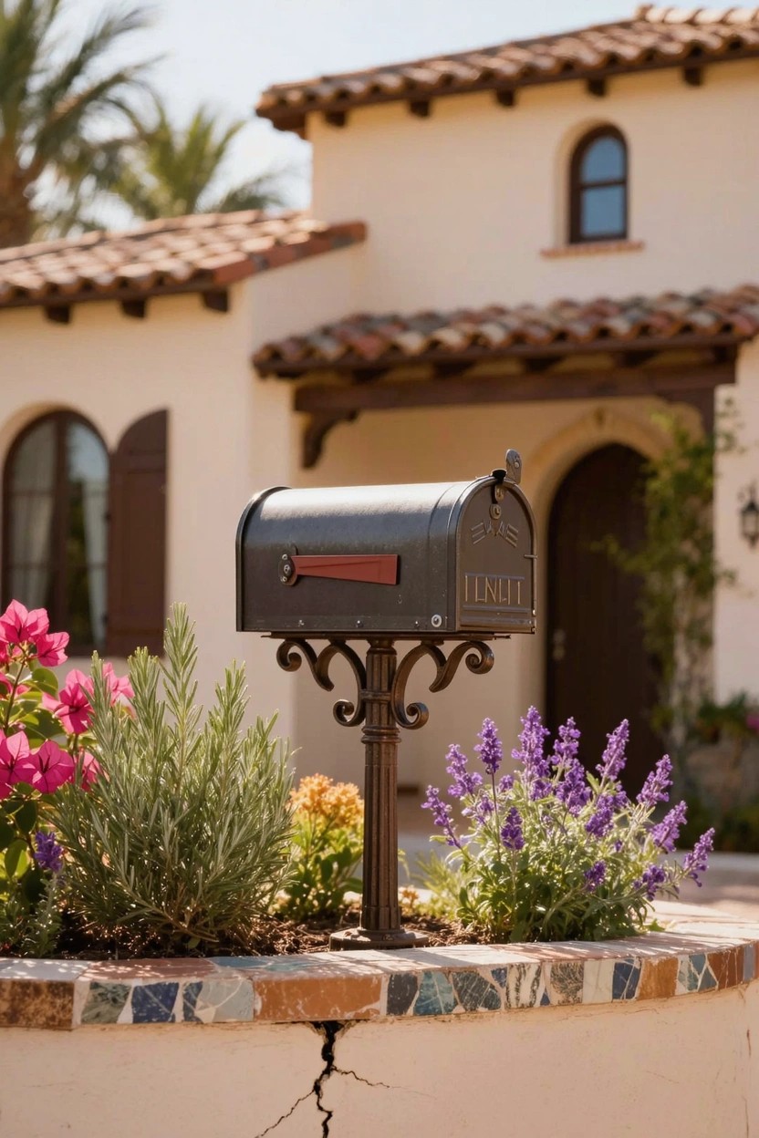 Black mailbox on wrought iron stand centered in circular stone-edged flower bed with pink bougainvillea, lavender, rosemary, and other plants, in front of beige stucco house with red tile roof and arched wooden entry doors.