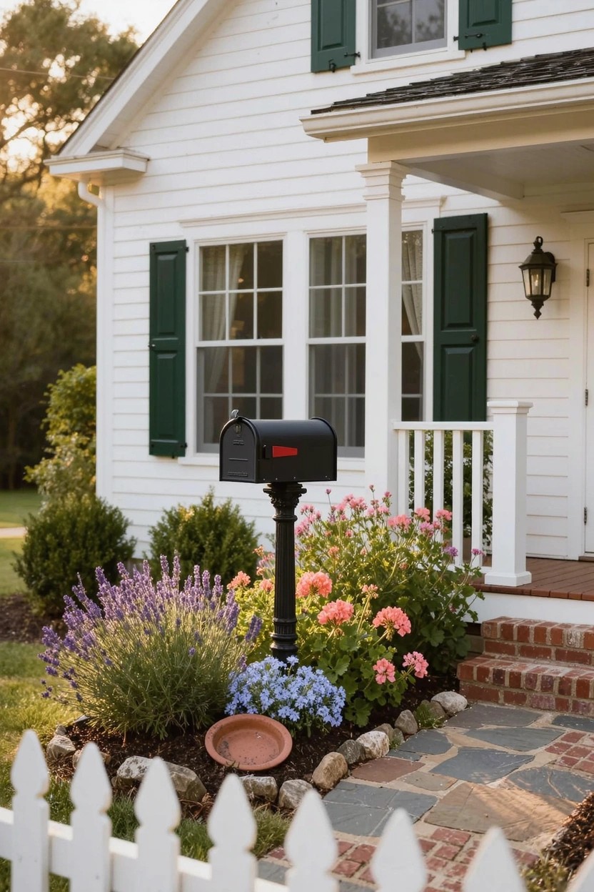 White house with green shutters and covered porch, black mailbox on tall post surrounded by curved flower bed of lavender, roses, delphiniums, and other plants, edged in stone with white picket fence and stone pathway to brick steps.