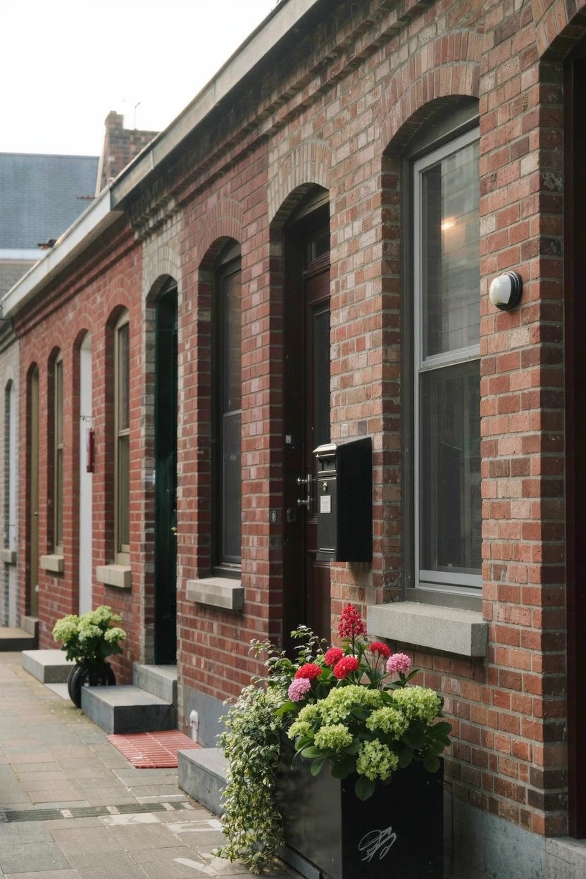 Red brick townhouse exterior with arched windows and door, black mailbox mounted on wall next to large black planter box overflowing with pink roses, green hydrangeas, and trailing greenery on paved walkway.