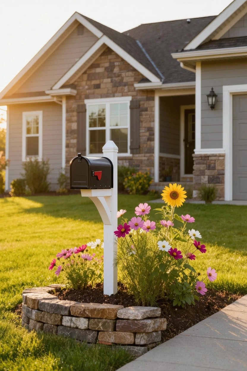 White mailbox post on a yard surrounded by a curved low stone retaining wall planted with pink, white, and yellow flowers, in front of a two-story gray house with stone accents and green lawn.