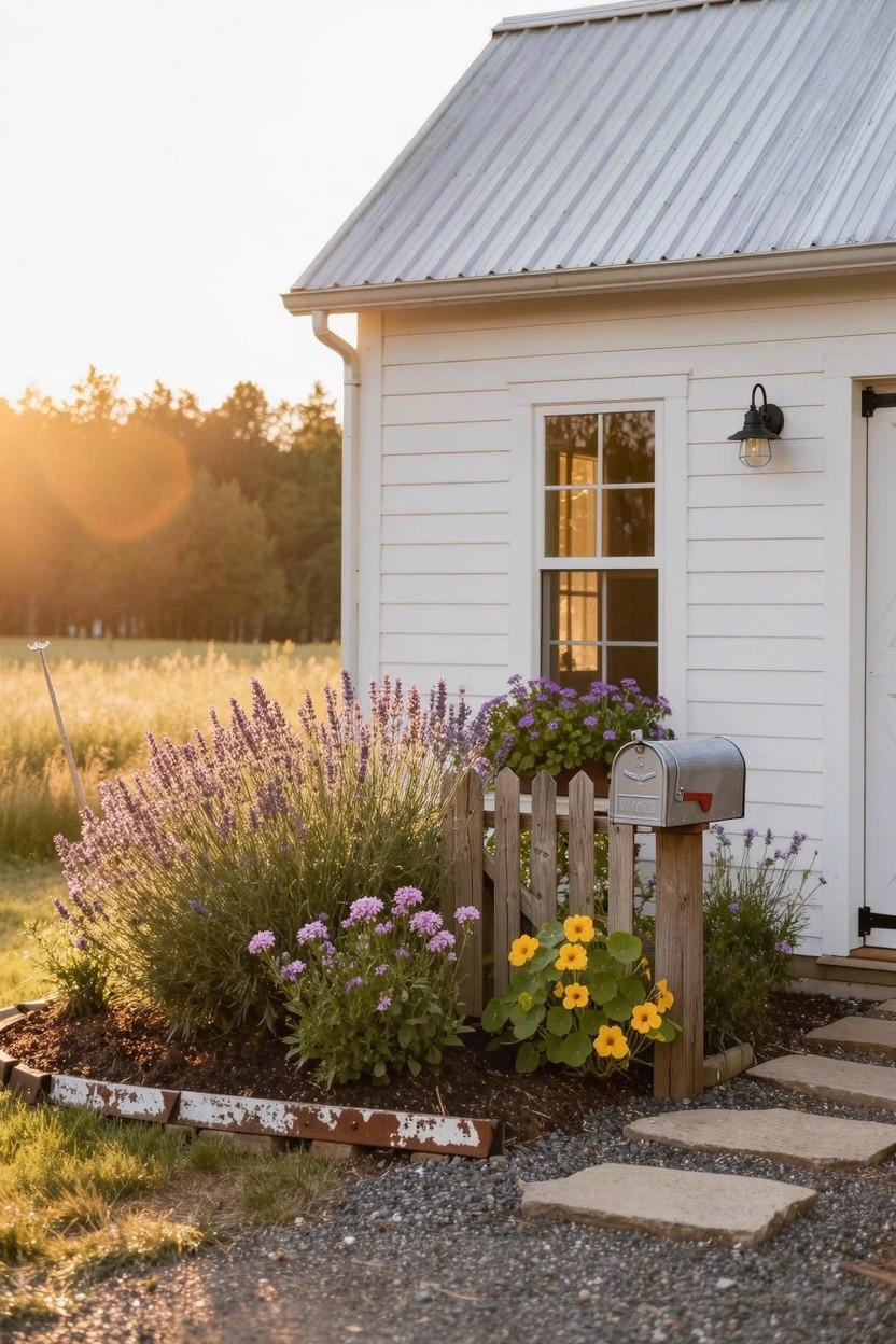 White house with gray metal roof and single window near entry, white mailbox mounted on wooden post with short picket gate, surrounded by purple lavender, pink flowers, and yellow blooms in mulched bed beside gravel path and stone steps.