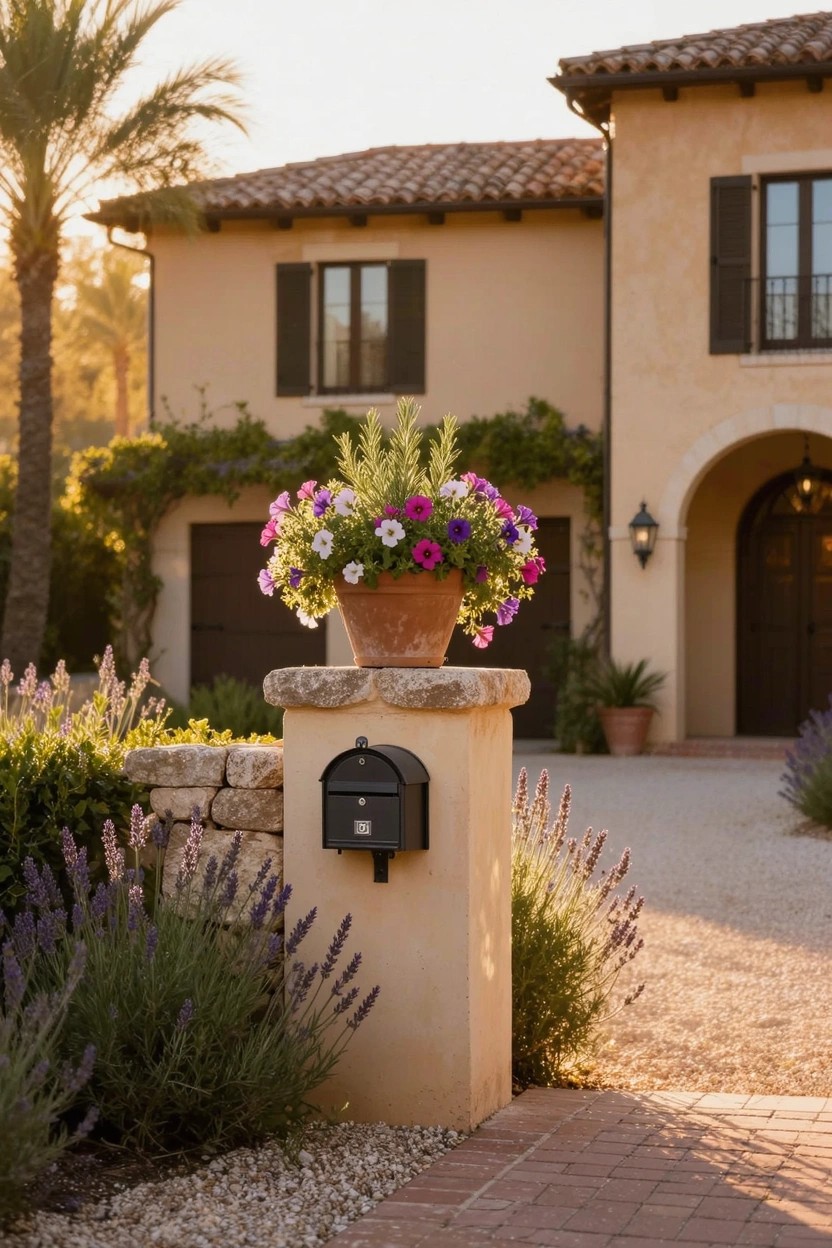 Stone pillar with black mailbox at the base and large terracotta pot overflowing with purple, pink, and white flowers on top, next to a beige stucco house with terracotta roof, lavender plants, and gravel driveway.
