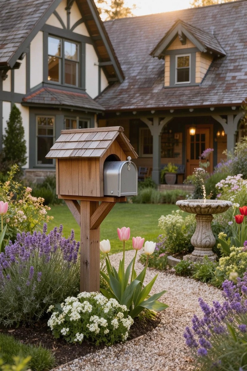 Wooden mailbox post with shingled roof and silver mailbox centered in a gravel-mulched flower bed containing tulips, lavender, hostas, and other plants, in front of a shingle-roofed house with porch, fountain nearby, and gravel path.
