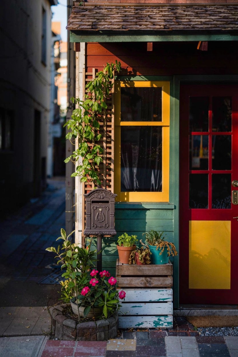 Colorful house exterior with green and yellow walls, red door, ornate brown pedestal mailbox next to flower bed with pink flowers, potted plants, and wooden crate planter on a paved walkway.