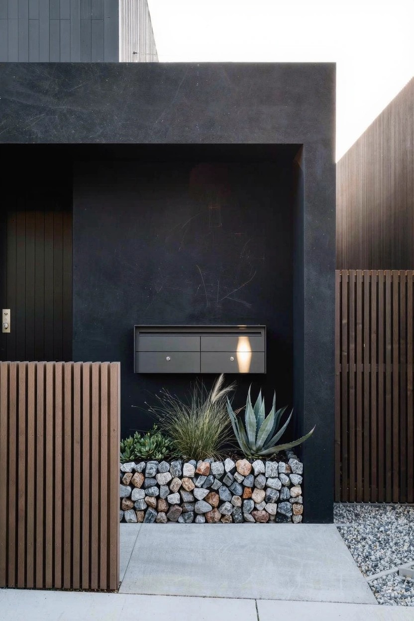 Black modern house facade with recessed entry door, wall-mounted black mailbox next to flower bed of grasses and agave plants bordered by rocks, pebbles, and vertical wooden slats on concrete path.