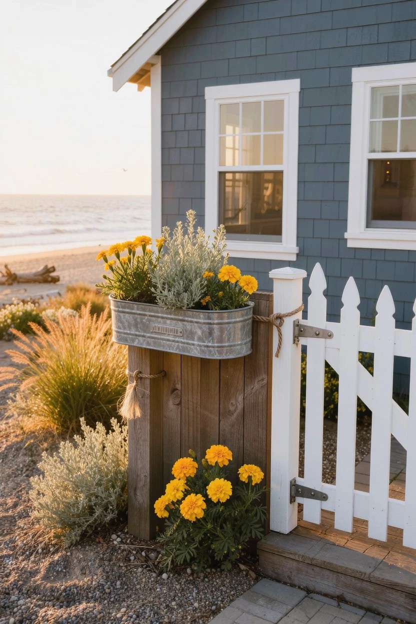 Blue shingled beach house with white picket fence gate, galvanized metal bucket planter hanging on post filled with yellow flowers and gray-green foliage, ocean and sand in background at sunset.