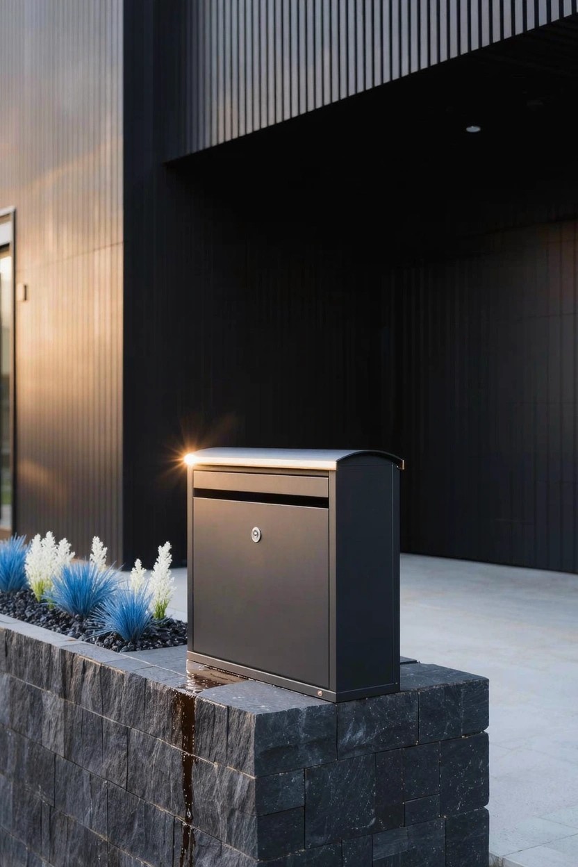 Sleek black mailbox mounted atop a low dark stone wall planter filled with spiky blue plants and black pebbles, positioned against a black vertical wood-clad house exterior with garage door nearby.